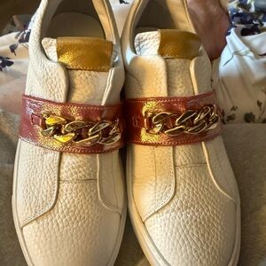 Custom Girotti Milano White Sneakers with Gold chain, and pink accent color